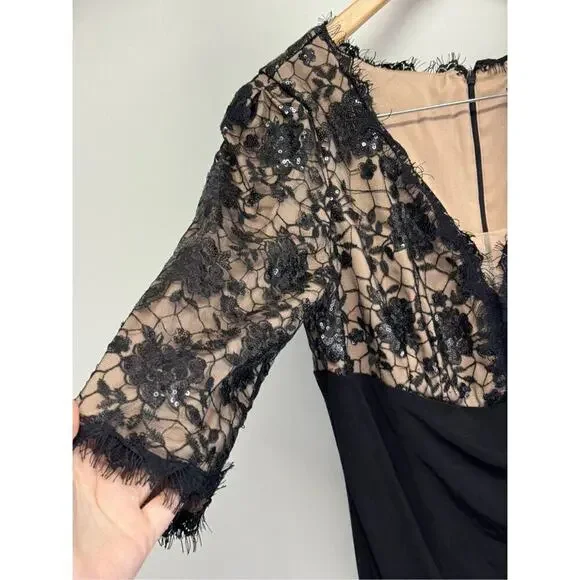 R&M Richards Gown Size 10 Black Beige Lace 3/4 Sleeve Maxi Front Slit Sequined